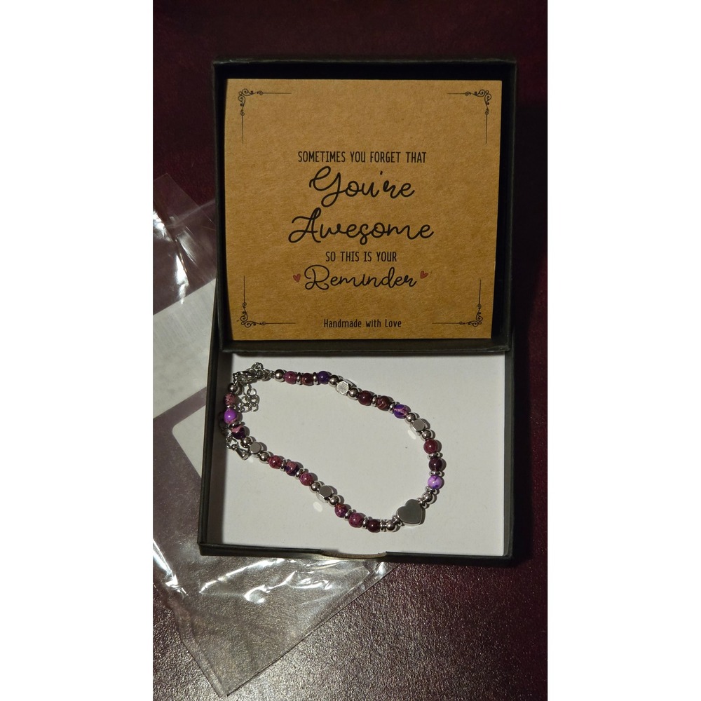 Handmade Purple Marbled Beaded Heart Charm‎ Bracelet Adjustable Gift Boxed